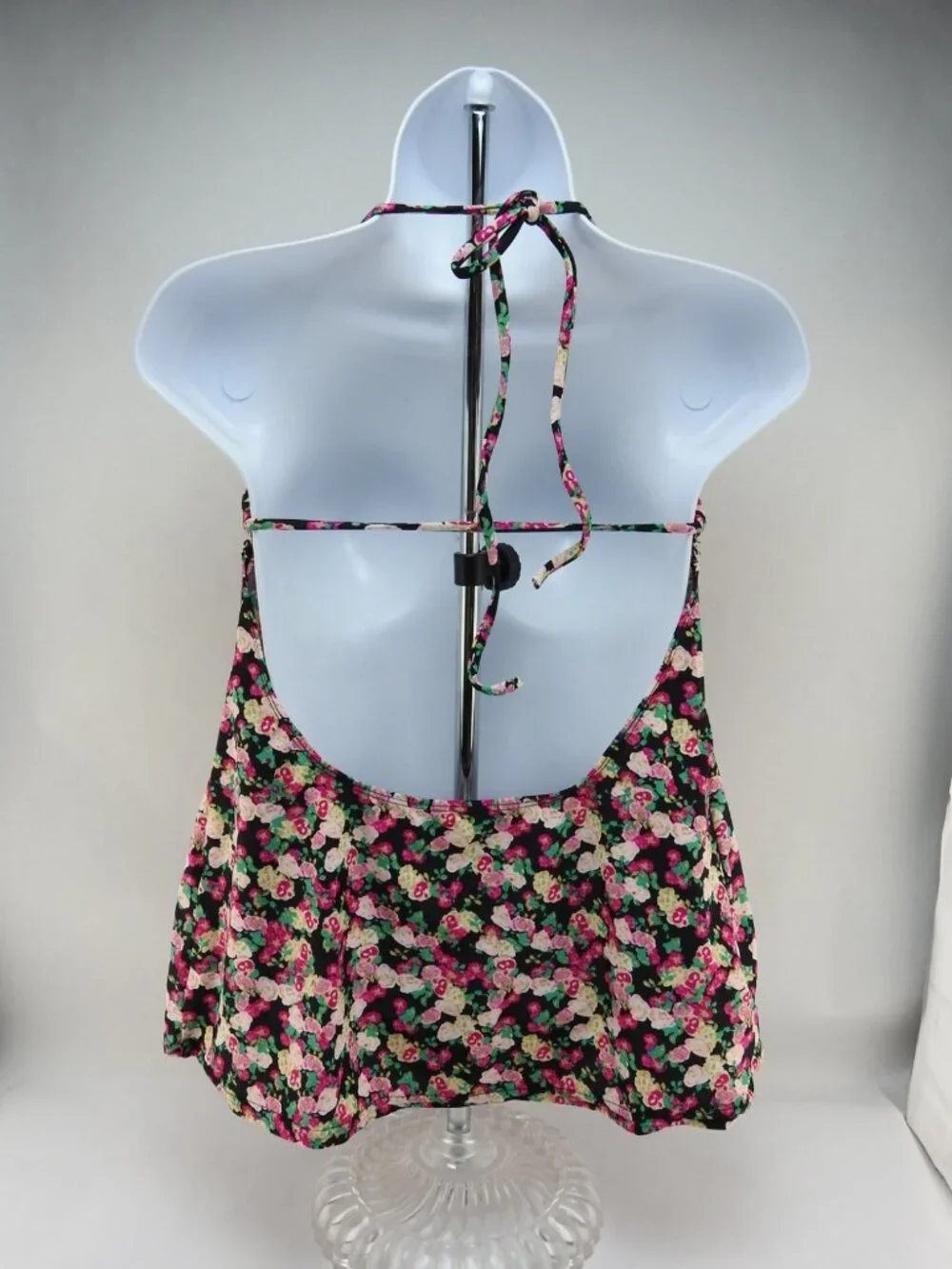 Vintage Candies Floral Leopard Trim Tankini Top XL Black Pink Halter Swim Y2K - Picture 4 of 9